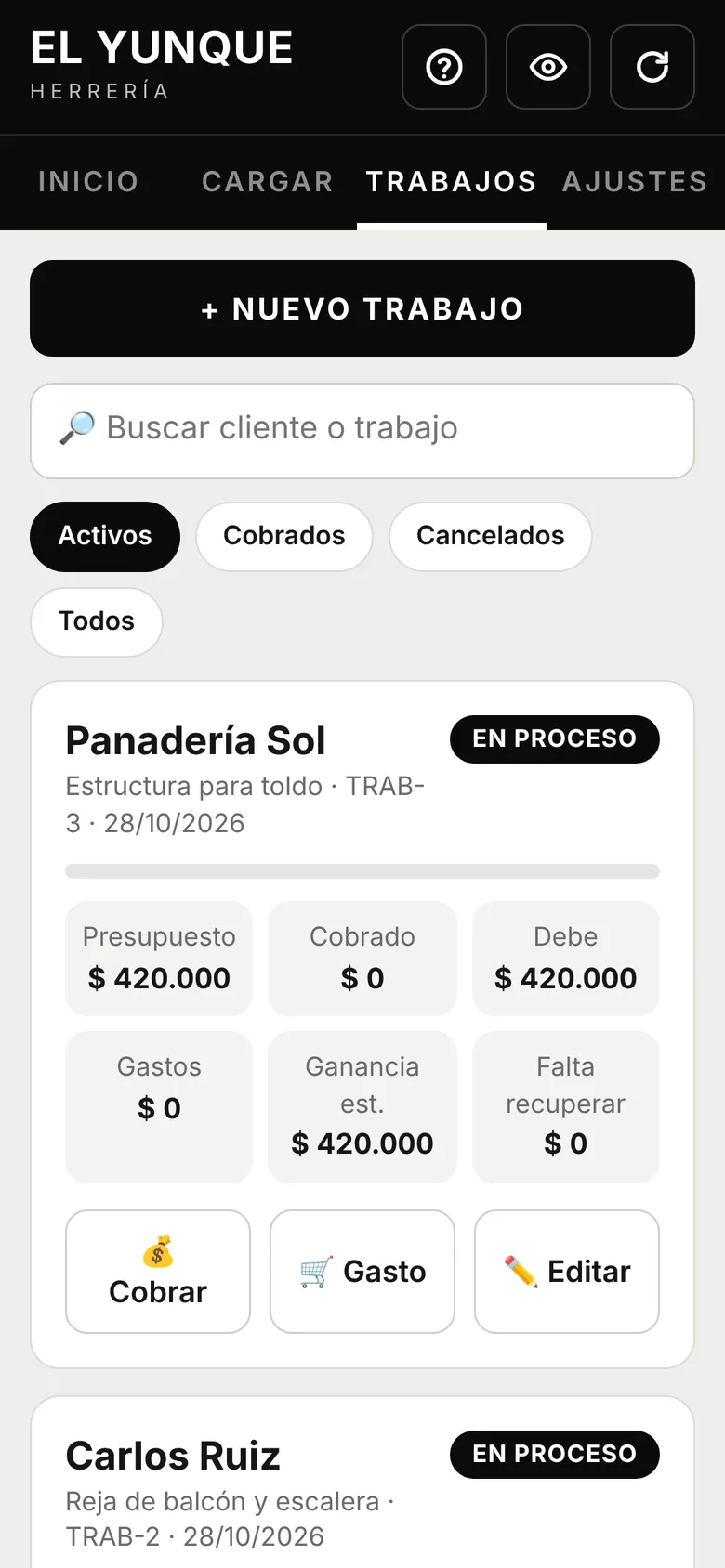 Lista de trabajos con lo cobrado y lo que deben